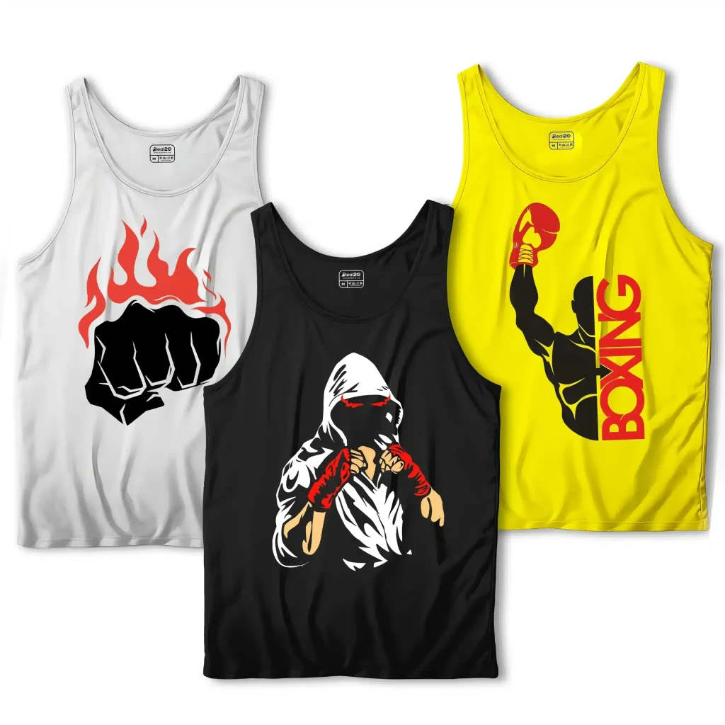 Pack of 3 Boxing Fighter Punch Printed Tank Tops For Mens - Deal20one