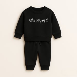 Be Happy Printed Black Sweatshirt Tracksuit for Girls
