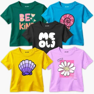 Pack of 5 Be Kind Summer Beow Printed Summer T-Shirts For Girls