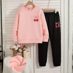 Contrast Pink Cherry Logo Printed Sweatshirt Tracksuit for Girls