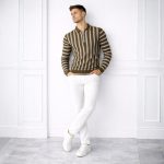 Stripe Zip Beige Collar Shirt for Mens