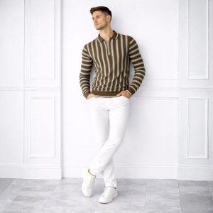 Stripe Zip Beige Collar Shirt for Mens