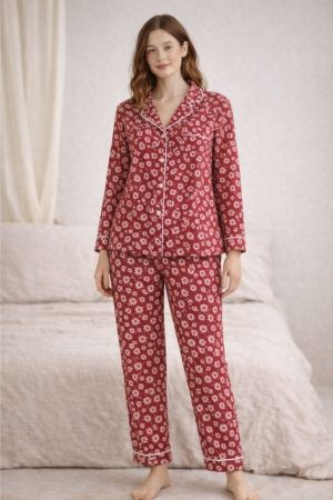 Rose Rest Red Floral Nightwear Set for Womens