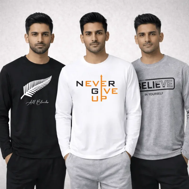 Pack of 3 All Black Believe Printed Long Sleeve T-shirts for Men