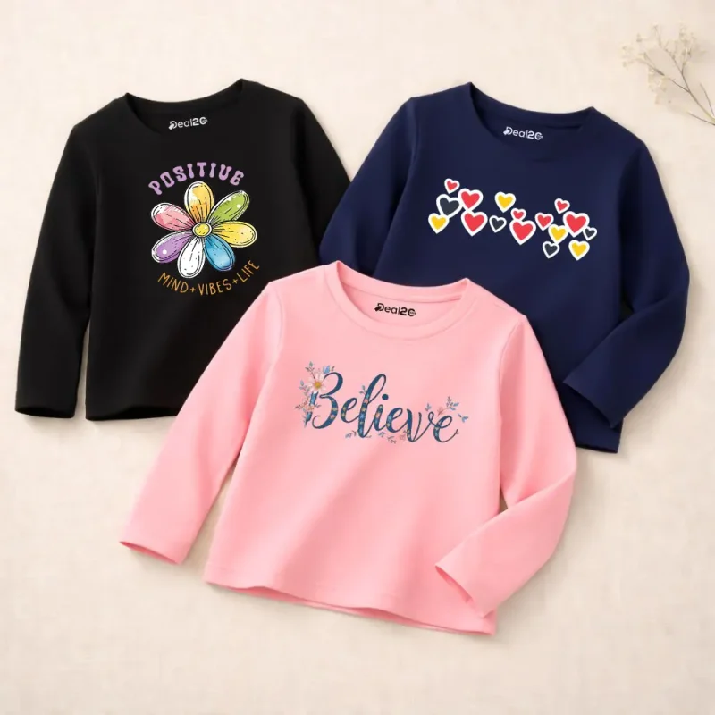 Pack of 3 Stay Cute Believe Printed Long Sleeve T-shirts for Girls