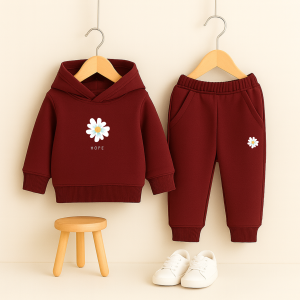 Maroon Flower Printed Hooded Tracksuit for Girls