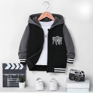 Start Graphic Black & Grey Zipper Hoodie for Kids