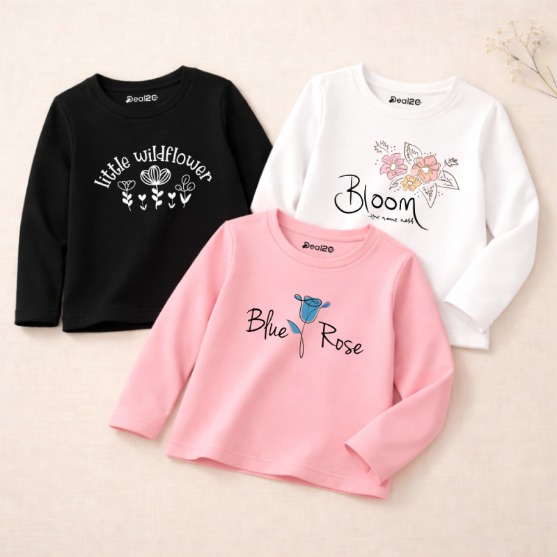 Pack of 3 Little Bloom Rose Printed Long Sleeve T-shirts for Girls Pack of 3 Little Bloom Rose Printed Long Sleeve T-shirts for Girls