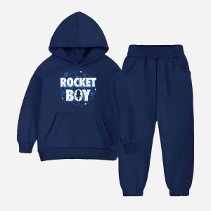 Rocket Boy Printed Hooded Tracksuit For Young Kids - Navy Blue