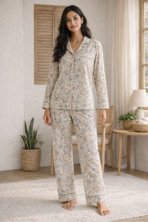 Petal Ease Floral Button-Up Nightwear Set for Womens