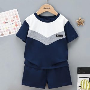 Kids Blue Grey Believe Summer Short Sleeve Wear Suit