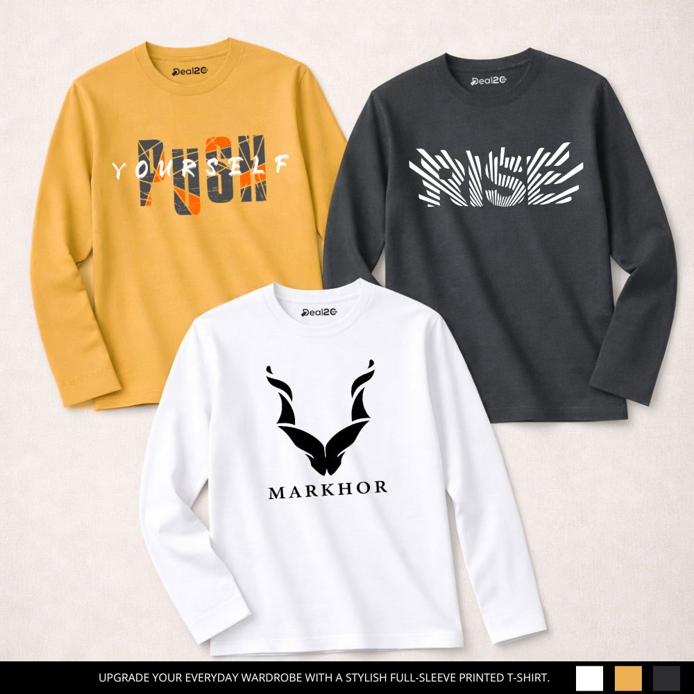 Pack of 3 Rise Yourself Printed Long Sleeve T-shirts for Men Pack of 3 Rise Yourself Printed Long Sleeve T-shirts for Men