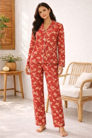Crimson Bloom Floral Piped Nightwear Set for Womens