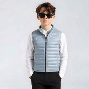Light Grey Winter Warm Outdoor Puffer Jacket with Stand-Up Collar For Tween Kids