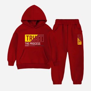 Trust The Process Printed Hooded Tracksuit For Tween Kids - Maroon