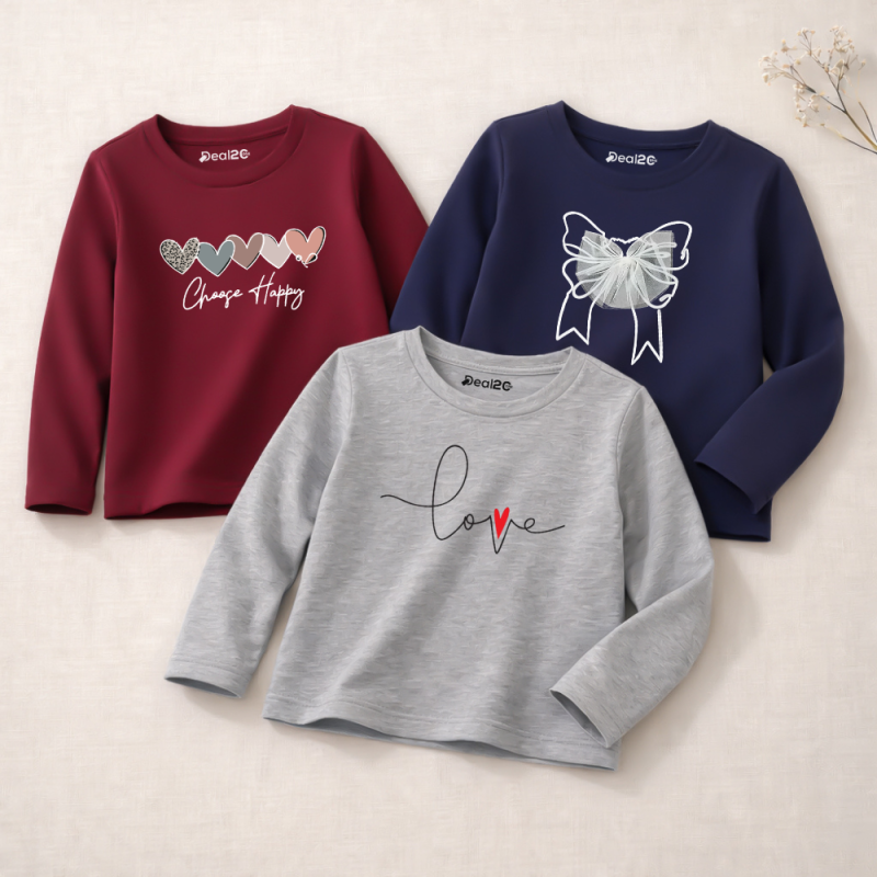 Pack of 3 Choose Happy Flower Printed Long Sleeve T-shirts for Girls Pack of 3 Choose Happy Flower Printed Long Sleeve T-shirts for Girls