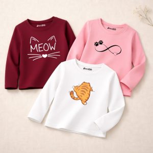 Pack of 3 Cute Meow Printed Long Sleeve T-shirts for Girls