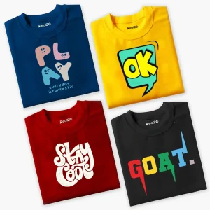 Pack of 4 Kids Goat Space Smiling Ok Printed Summer T-Shirts