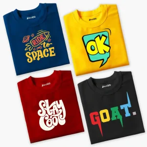 Pack of 4 Kids Goat Space Smiling Ok Printed Summer T-Shirts