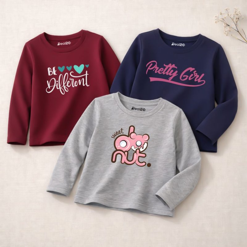 Pack of 3 Be Positive Life Printed Long Sleeve T-shirts for Girls