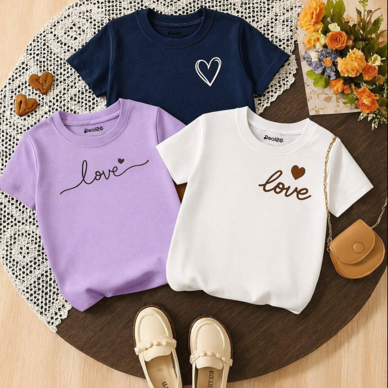 Pack of 3 Love Graphic Printed T-Shirts for Girls Pack of 3 Love Graphic Printed T-Shirts for Girls