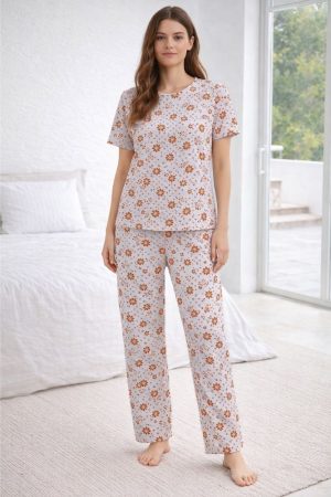 Sunset Bloom Floral Print Jersey Nightwear Set for Women