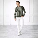 Stripe Zip Army Green Collar Shirt for Mens
