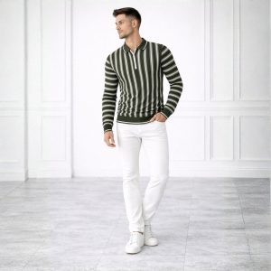 Stripe Zip Army Green Collar Shirt for Mens