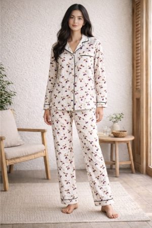 Ivory Bloom Floral Piped Nightwear Set for Womens