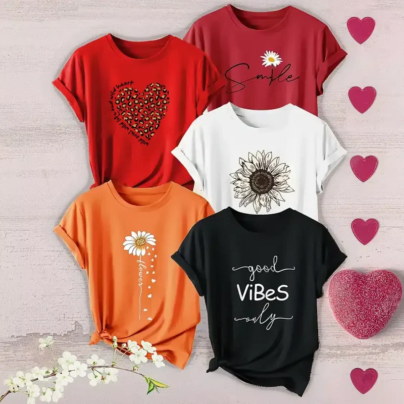 Pack Of 5 Sunrise Smile Flowers Vibes Printed Summer T-Shirts For Girls Pack Of 5 Sunrise Smile Flowers Vibes Printed Summer T-Shirts For Girls