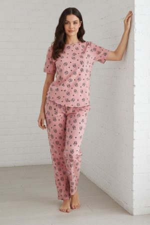 Pink Blush Bloom Floral Print Jersey Nightwear Set for Women