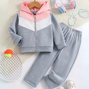 Trendy Grey & Pink Color Block Tracksuit for Girls
