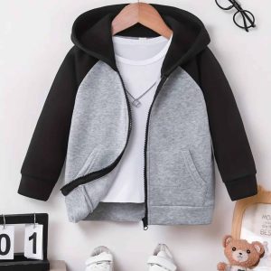 Contrast Raglan Black-Grey Zipper Hoodie for Kids