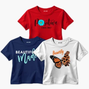 Pack of 3 Made Positive Beautifly Printed Summer T-Shirts For Girls