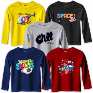 Pack of 5 Chill Space Soccer Fly Printed Long Sleeve T-Shirts For Young Kids