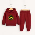 Car Drift Printed Maroon Hooded Tracksuit for Tween Kids