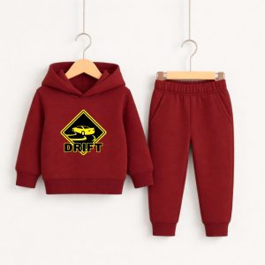 Car Drift Printed Maroon Hooded Tracksuit for Tween Kids