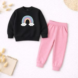 Contrast Rainbow Logo Printed Black Sweatshirt Tracksuit for Girls Contrast Rainbow Logo Printed Black Sweatshirt Tracksuit for Girls
