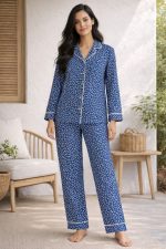 Blue Bloom Floral Piped Nightwear Set for Womens