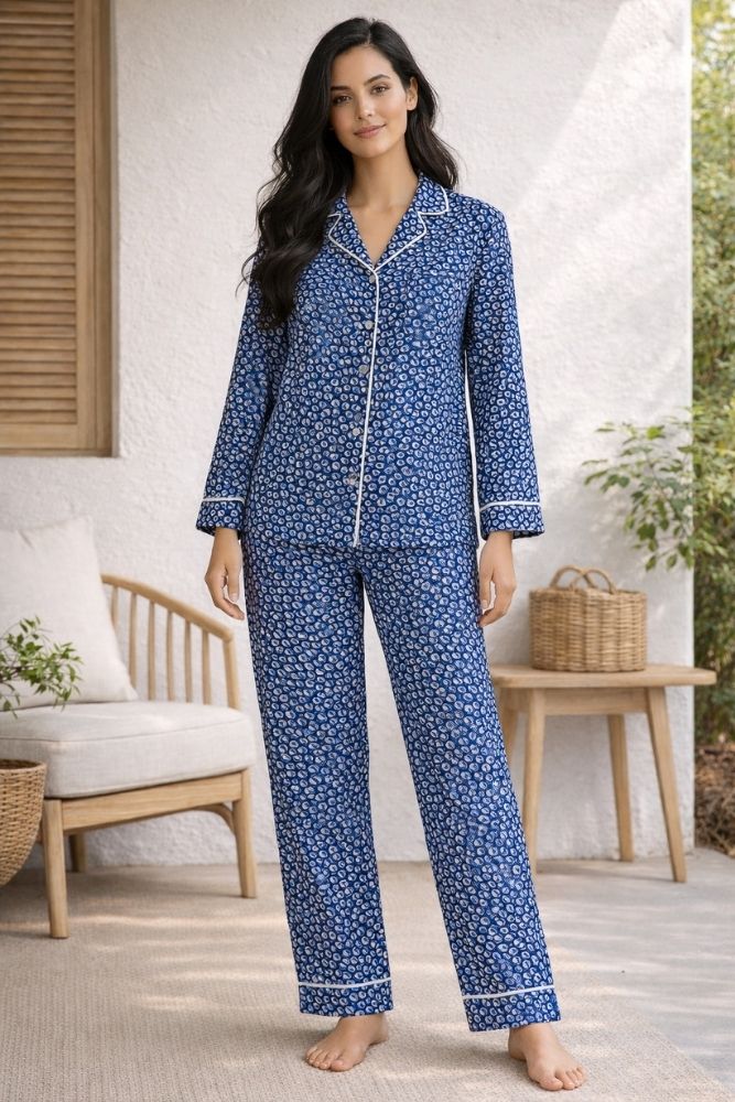 Blue Bloom Floral Piped Nightwear Set for Womens Blue Bloom Floral Piped Nightwear Set for Womens