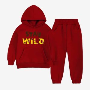 Stay Wild Printed Hooded Tracksuit For Young Kids - Maroon