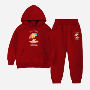 Summer Time Printed Hooded Tracksuit For Young Kids - Maroon