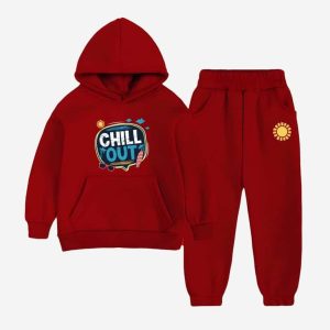 Chill Out Printed Hooded Tracksuit For Young Kids - Maroon