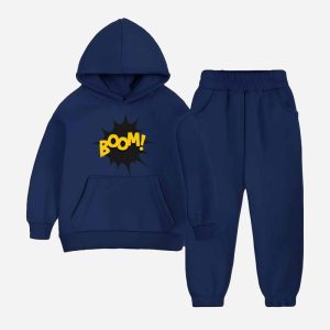Boom Printed Hooded Tracksuit For Young Kids  - Navy Blue
