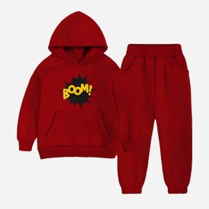 Boom Printed Hooded Tracksuit For Young Kids  - Maroon