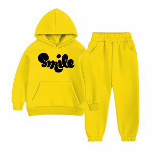 Smile Printed Hooded Tracksuit For Young Kids - Yellow
