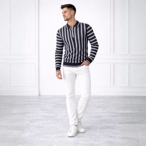 Stripe Zip Navy Blue Collar Shirt for Mens