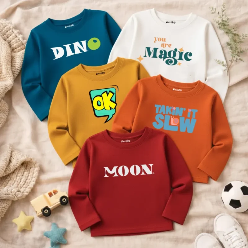 Pack of 5 Dino Slow Moon Printed Long Sleeve T-shirts for Young Kids