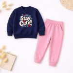 Contrast Stay Cute Printed Navy Blue Sweatshirt Tracksuit for Girls