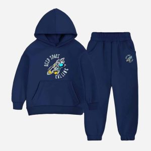 Space Printed Hooded Tracksuit For Young Kids - Navy Blue